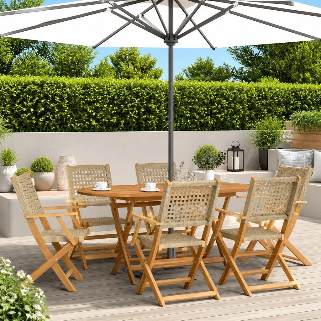 Folding Garden Chairs Beige Poly Rattan Solid Wood 6 Piece