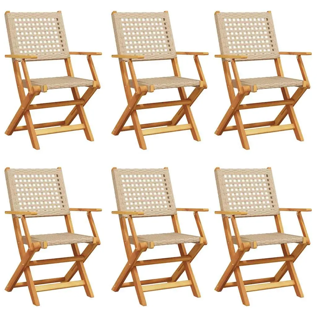 Folding Garden Chairs Beige Poly Rattan Solid Wood 6 Piece