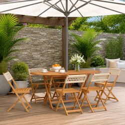 Folding Garden Chairs Set of 6 Beige Outdoor Seating Poly Rattan Wooden Patio