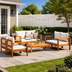 5 Piece Garden Sofa Set Outdoor Furniture Cushions Solid Wood Acacia Cream Patio