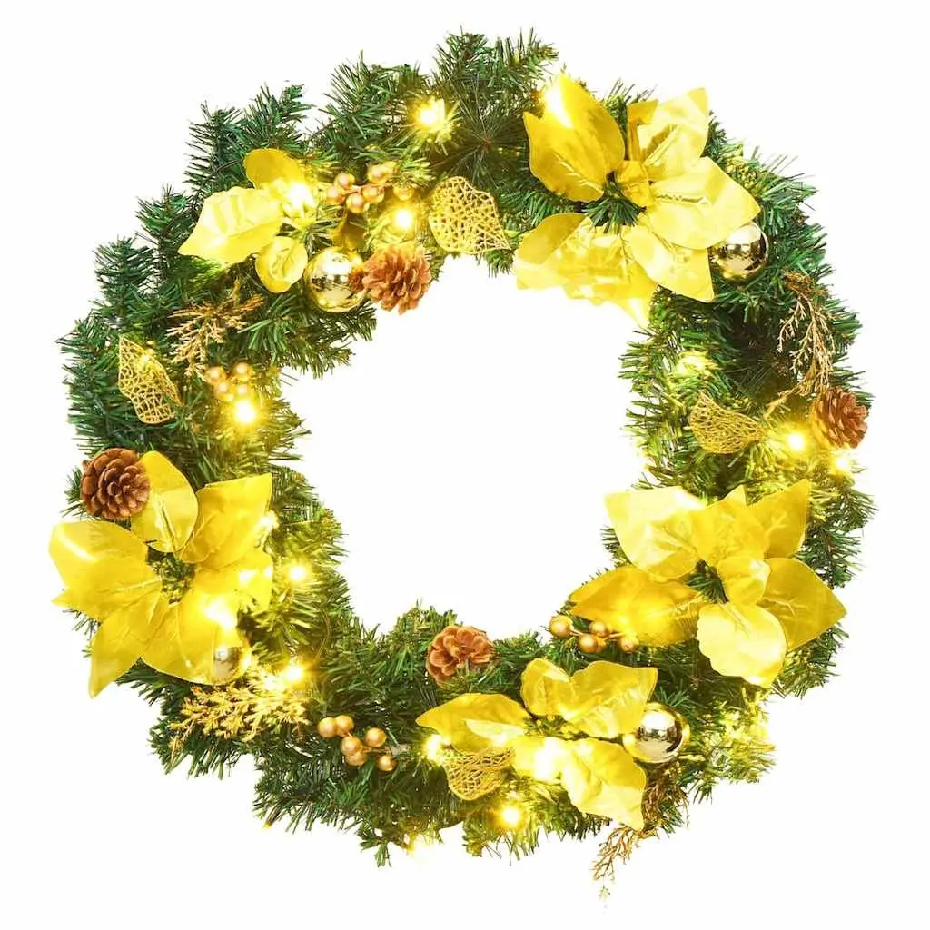Christmas Wreath 60cm LED Lights Green Gold PVC Baubles Holiday Door Wall