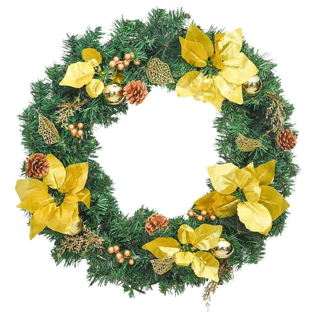 Christmas Wreath 60cm LED Lights Green Gold PVC Baubles Holiday Door Wall