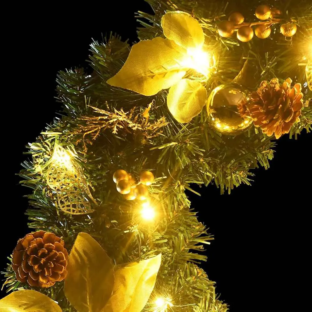 Christmas Wreath 60cm LED Lights Green Gold PVC Baubles Holiday Door Wall