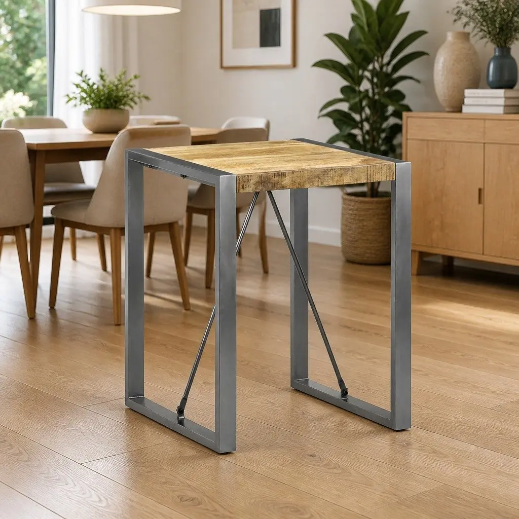 Dining Table Industrial Style Solid Rough Mango Wood 60x60x75cm Steel Legs Grey
