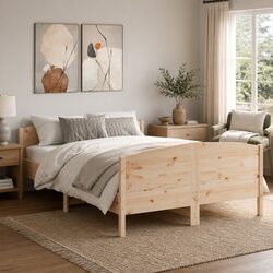Bed Frame 135x190 cm Solid Wood Pine Bedroom Furniture with Headboard Footboard