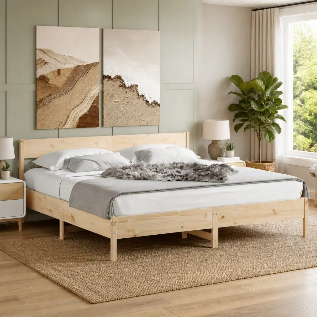 King Bed Frame Solid Pine Wood 183x203 cm Brown Bedroom Furniture Slatted Base