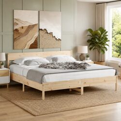 King Bed Frame Solid Pine Wood 183x203 cm Brown Bedroom Furniture Slatted Base