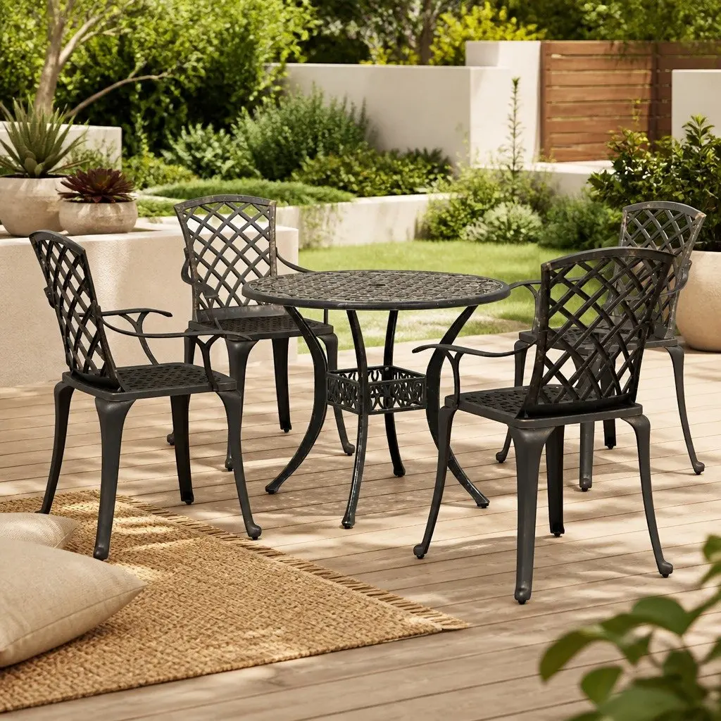 Garden Dining Set 5 Piece Outdoor Patio Furniture Brown Cast Aluminium Table