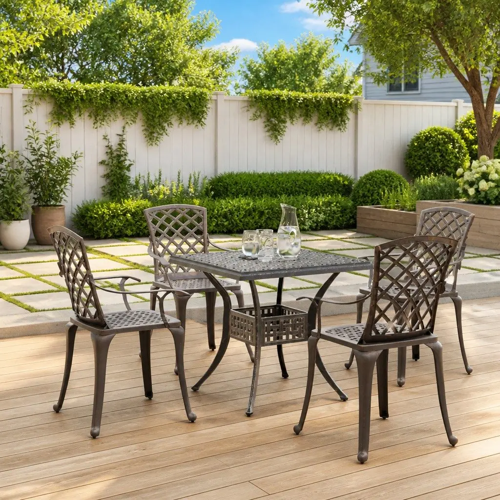 Garden Dining Set Cast Aluminium Brown 5 Piece Outdoor Patio Furniture