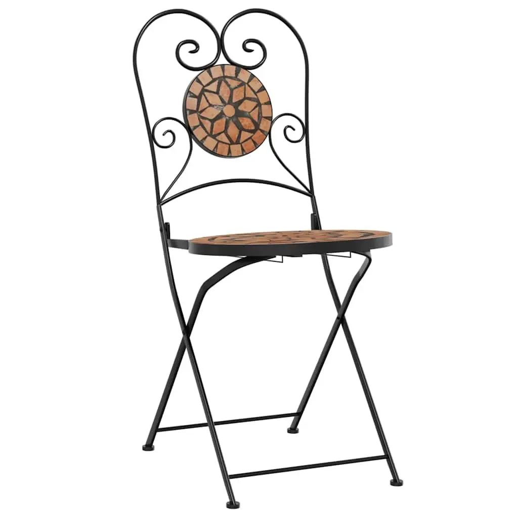 Mosaic Bistro Set Ceramic Tabletop Orange Iron Frame Foldable Chairs