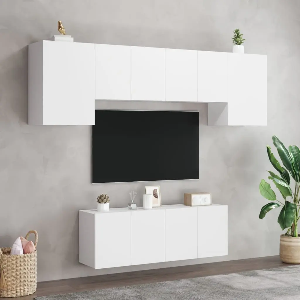 Floating Storage Shelves 6 Piece White Engineered Wood TV Wall Unit for Living Room or Bedroom