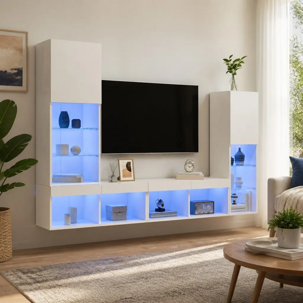 TV Wall Units Floating Wall Mounted Cabinet 4 Piece with RGB LED Lights White