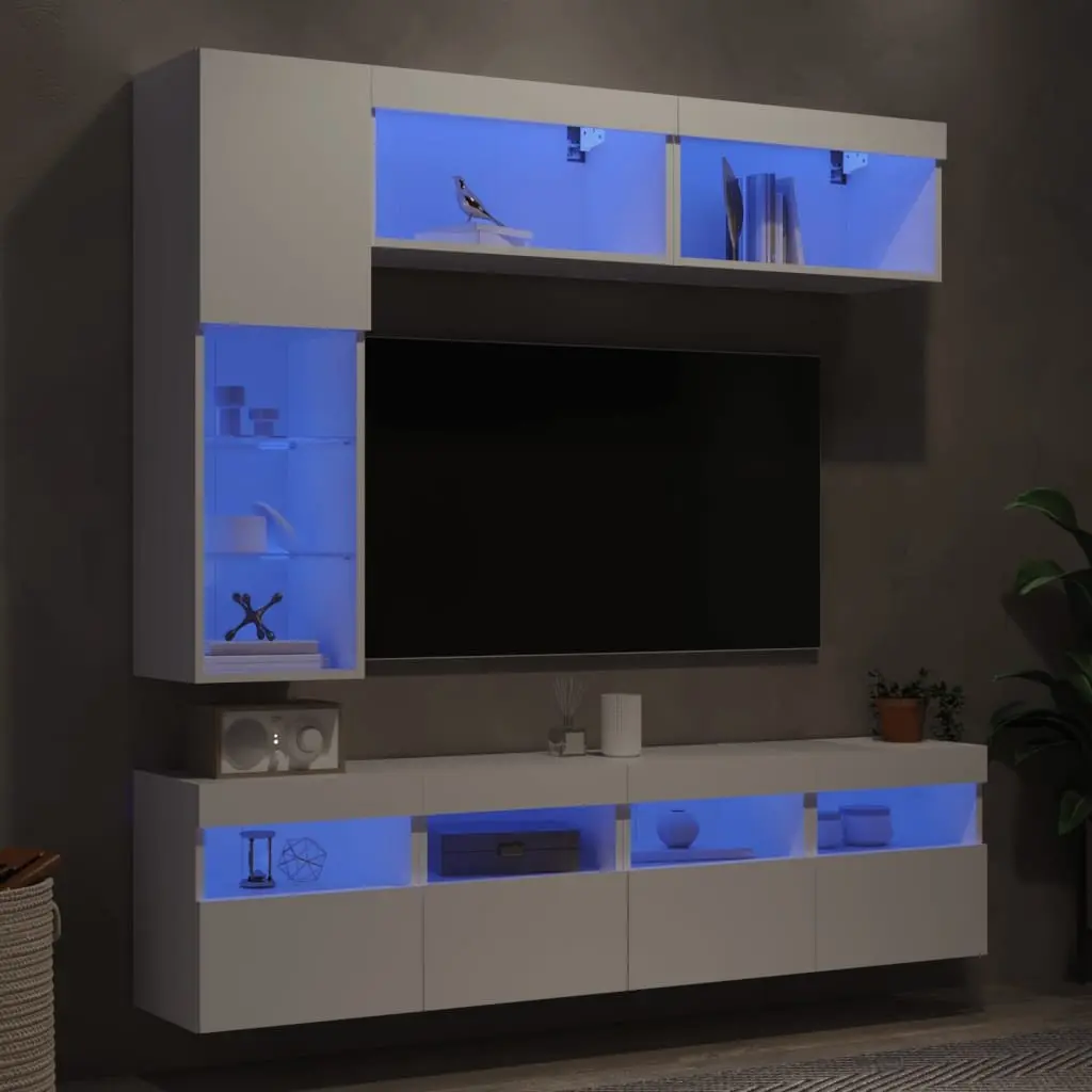 Floating TV Cabinet Set 7 Piece White Modern Storage Unit with Customisable RGB LED Lights