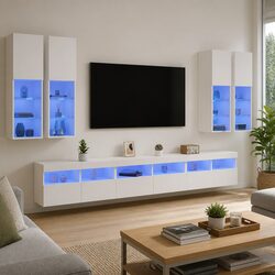 TV Wall Cabinet Set 7 Piece White Floating Media Unit with RGB LED Lights
