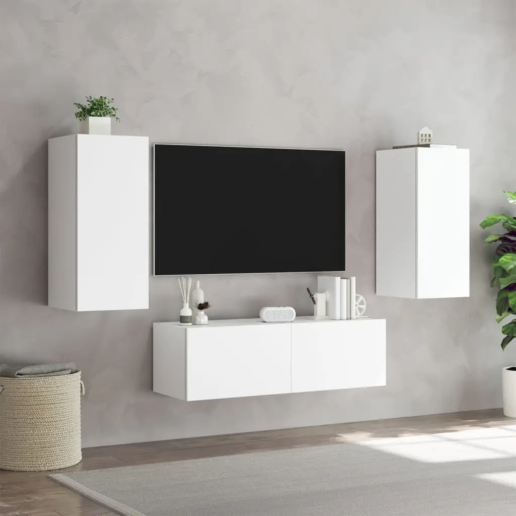 TV Wall Cabinets 3 Piece White Floating Storage Units with RGB LED Lights