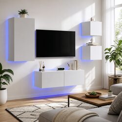 4 Piece TV Wall Cabinets with RGB LED Lights White Floating Storage Units