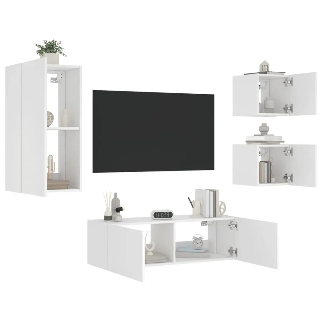 4 Piece Floating Wall TV Cabinets White with RGB LED Lighting Modern Storage Units