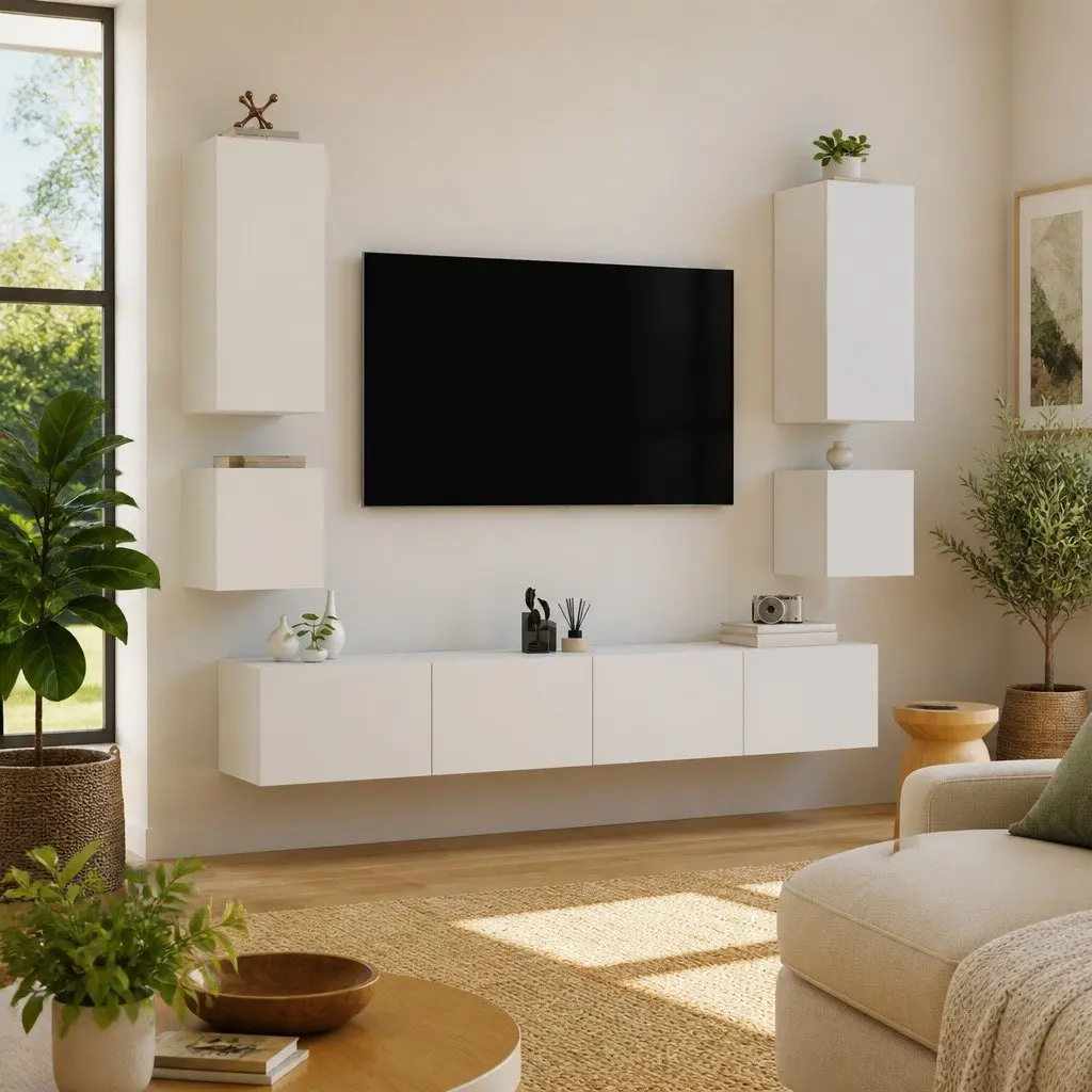 6 Piece White TV Wall Cabinets Floating Storage Units with RGB LED Lights