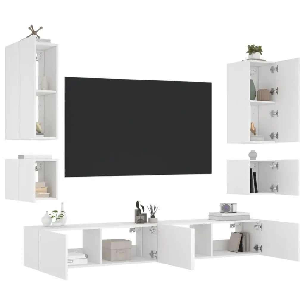 6 Piece White TV Wall Cabinets Floating Storage Units with RGB LED Lights