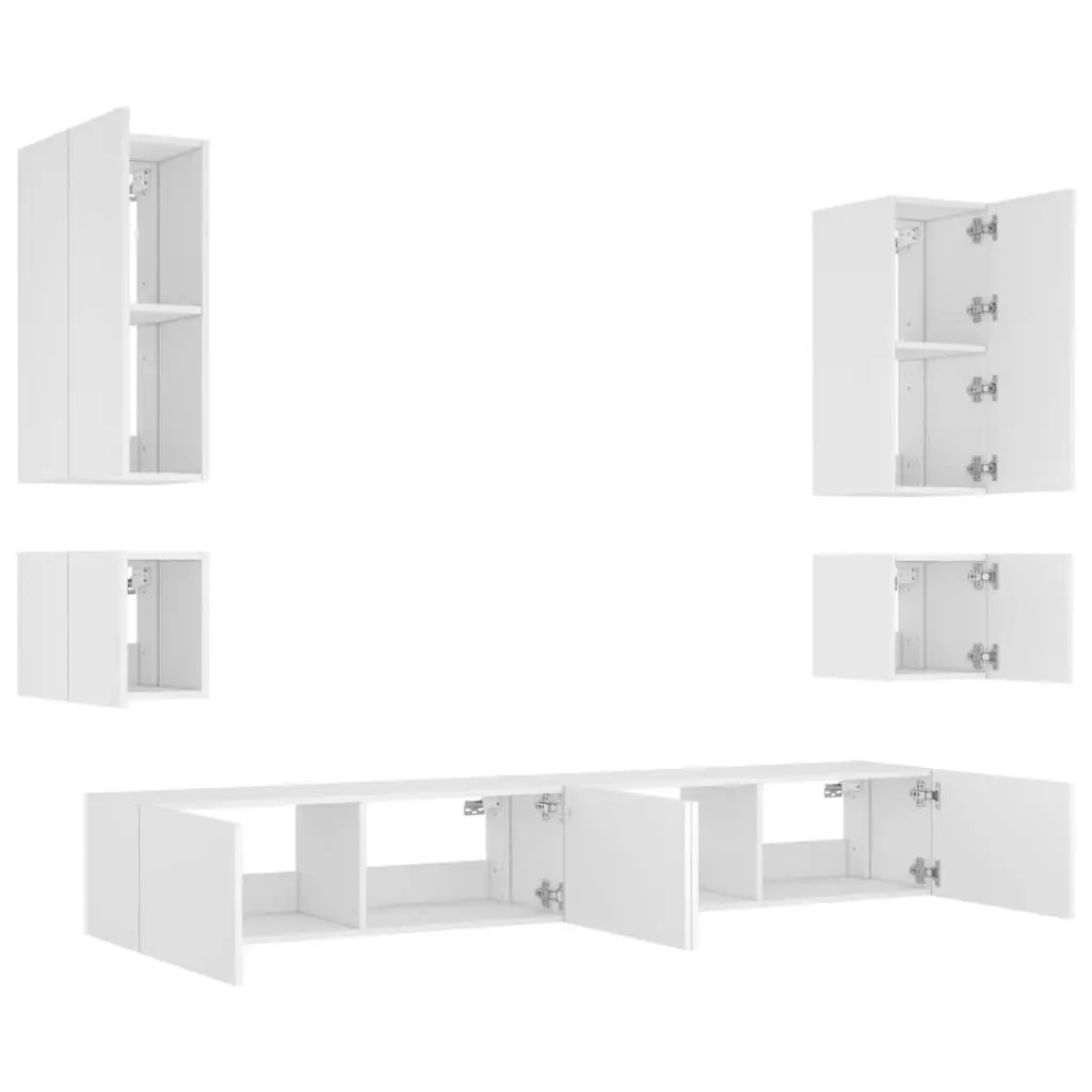 6 Piece White TV Wall Cabinets Floating Storage Units with RGB LED Lights
