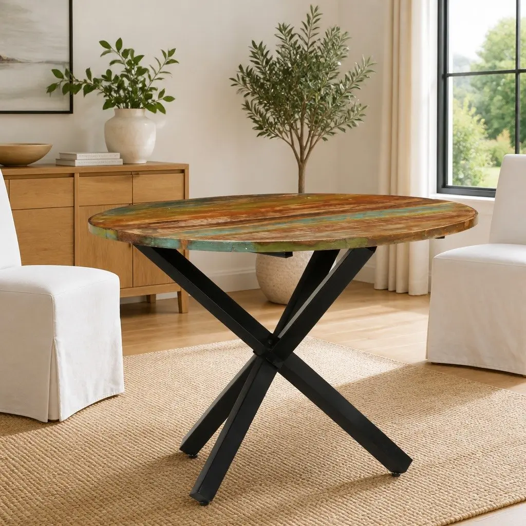 Round Table Reclaimed Wood 100cm Diameter 75cm Height Brown Kitchen Furniture