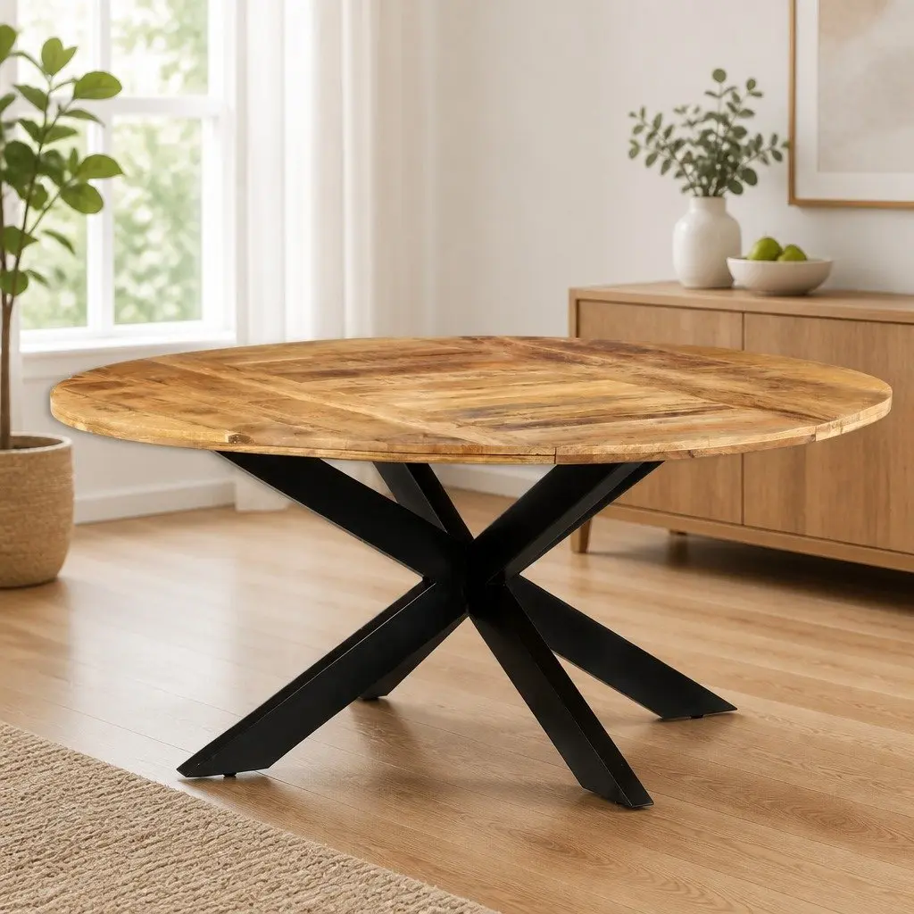 Round Dining Table Rough Mango Wood 175cm Brown