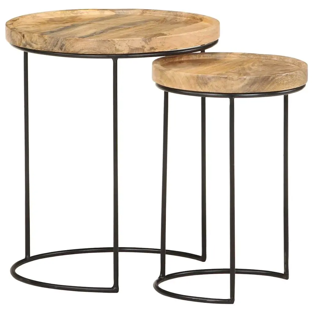 2 Piece Coffee Table Set Solid Mango Wood Steel Frame Living Room Furniture