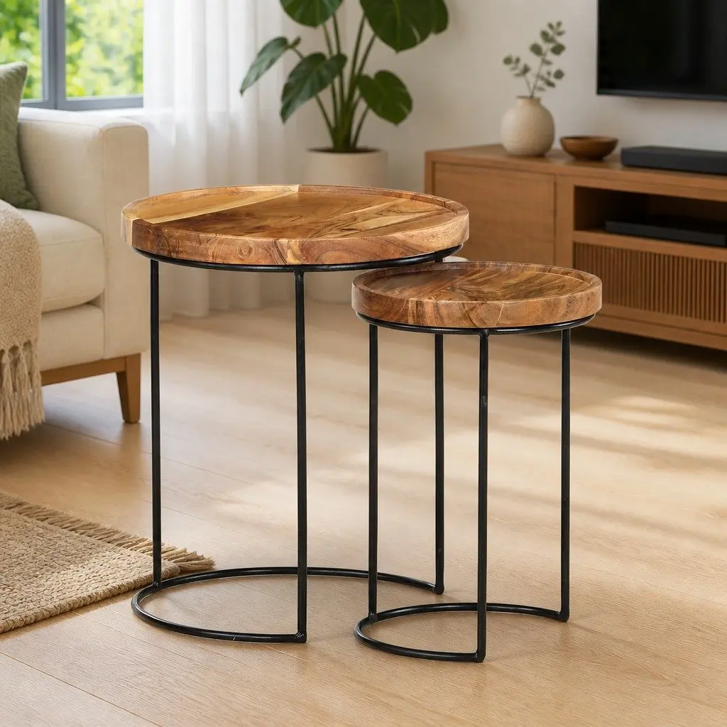 2 Piece Coffee Table Set Brown Natural Acacia Wood Tabletop Steel Frame