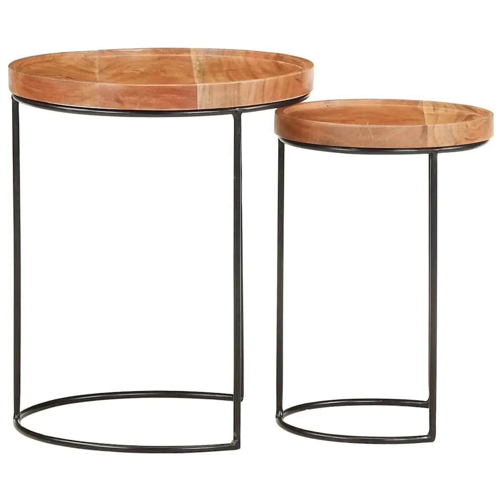 2 Piece Coffee Table Set Brown Natural Acacia Wood Tabletop Steel Frame