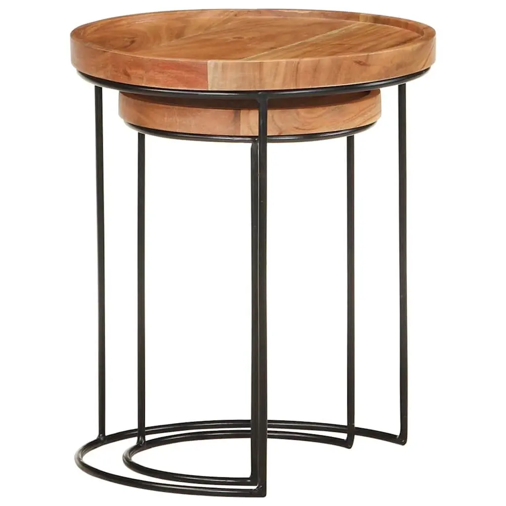 2 Piece Coffee Table Set Brown Natural Acacia Wood Tabletop Steel Frame