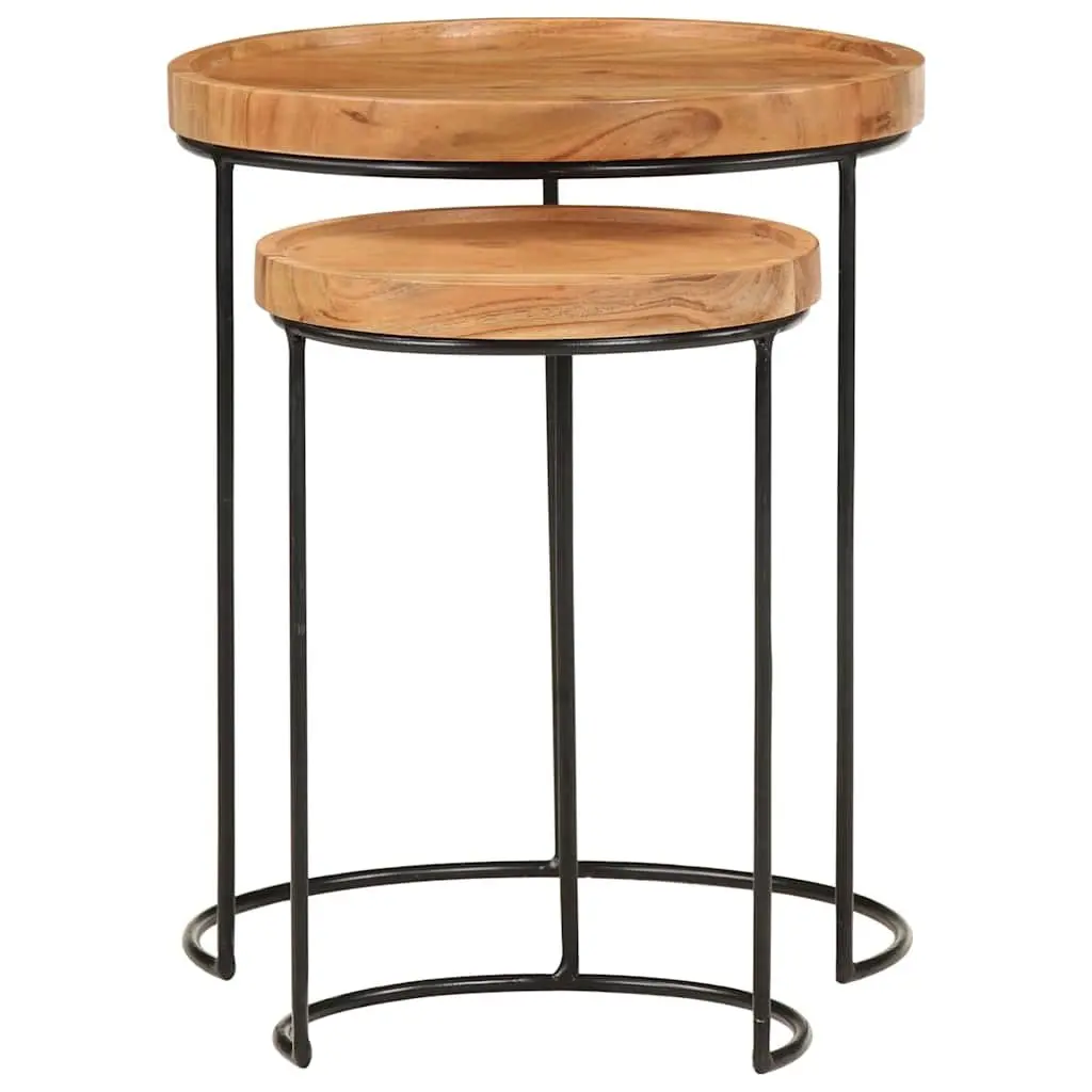 2 Piece Coffee Table Set Brown Natural Acacia Wood Tabletop Steel Frame