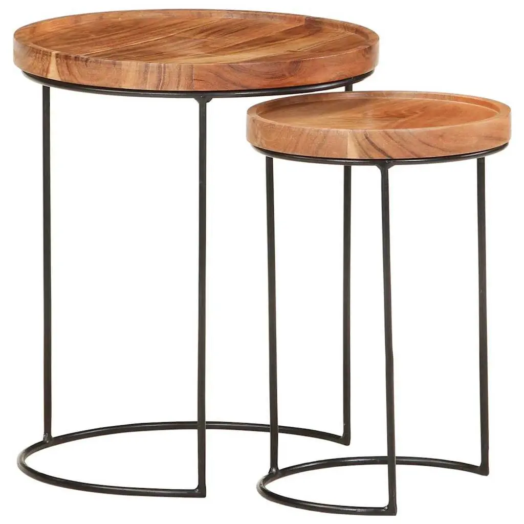 2 Piece Coffee Table Set Brown Natural Acacia Wood Tabletop Steel Frame