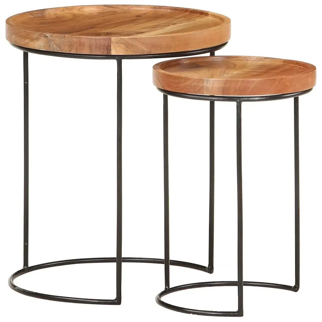 2 Piece Coffee Table Set Brown Natural Acacia Wood Tabletop Steel Frame