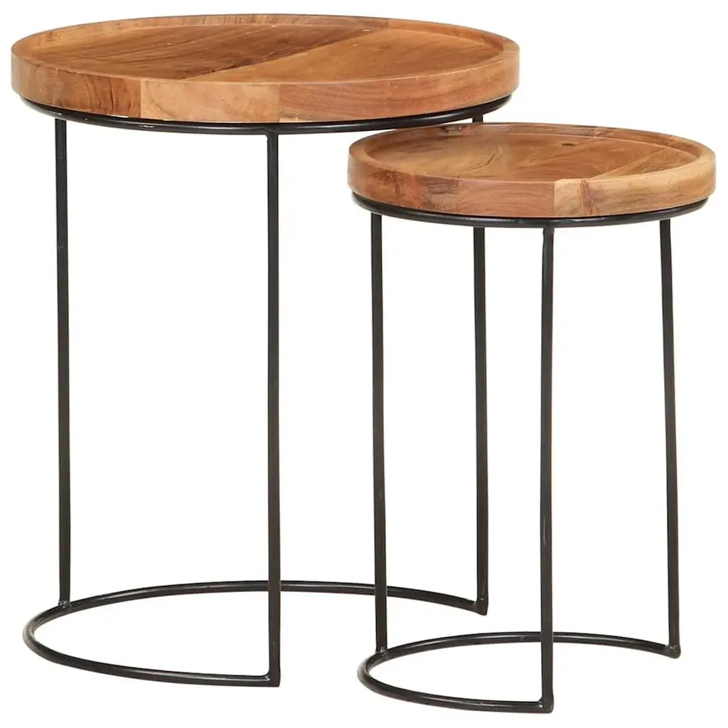 2 Piece Coffee Table Set Brown Natural Acacia Wood Tabletop Steel Frame