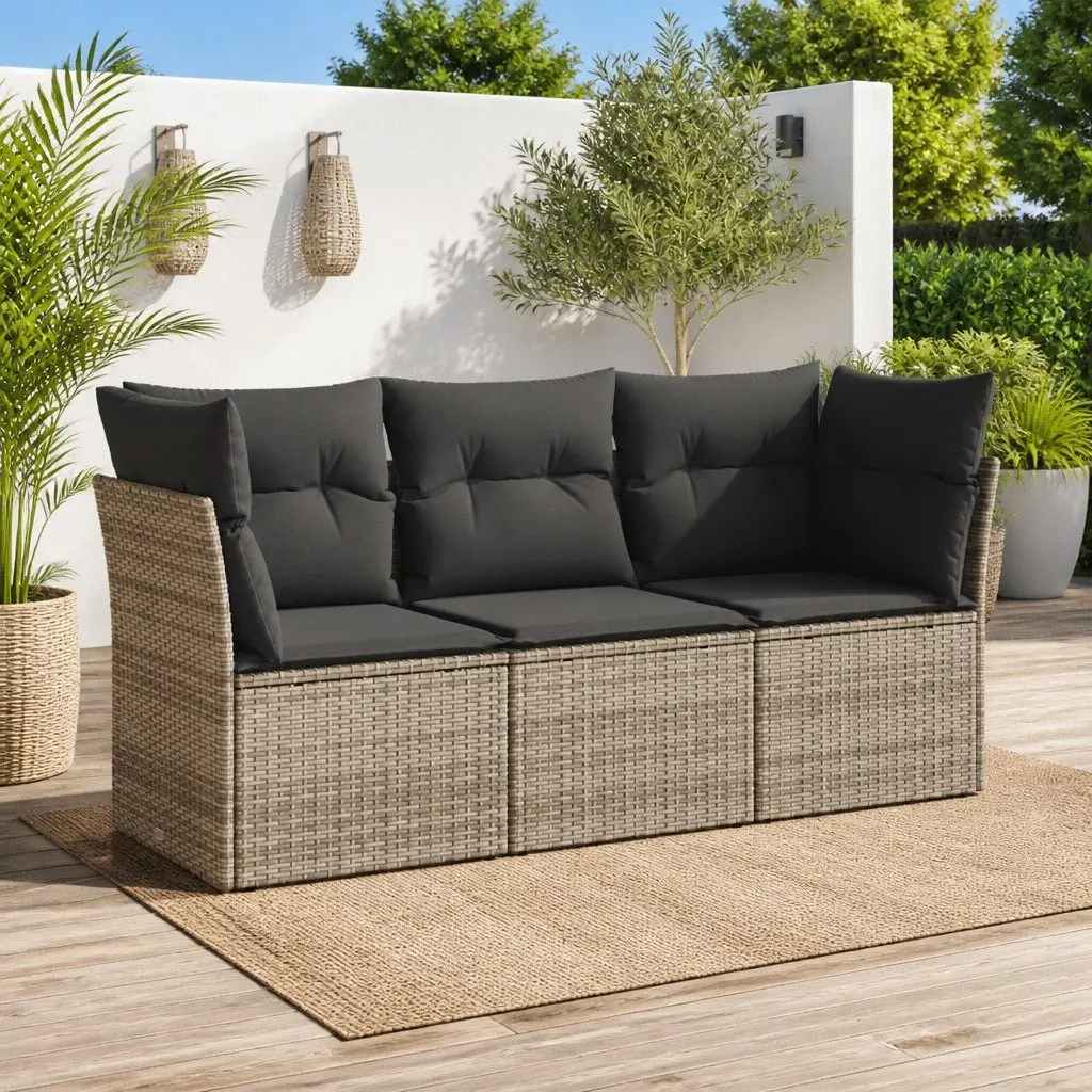 Grey Poly Rattan 3 Piece Outdoor Sofa Set with Cushions for Patio Garden Relaxation