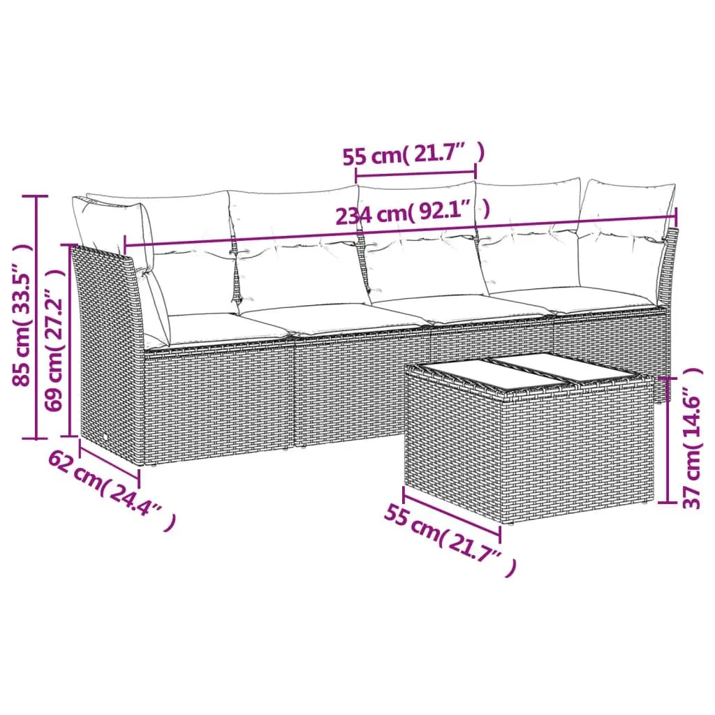 5 Piece Garden Sofa Set Outdoor Patio Furniture Black Poly Rattan with Cushions
