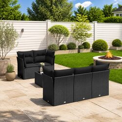 6 Piece Outdoor Garden Sofa Set Black Poly Rattan Patio Furniture with Cushions