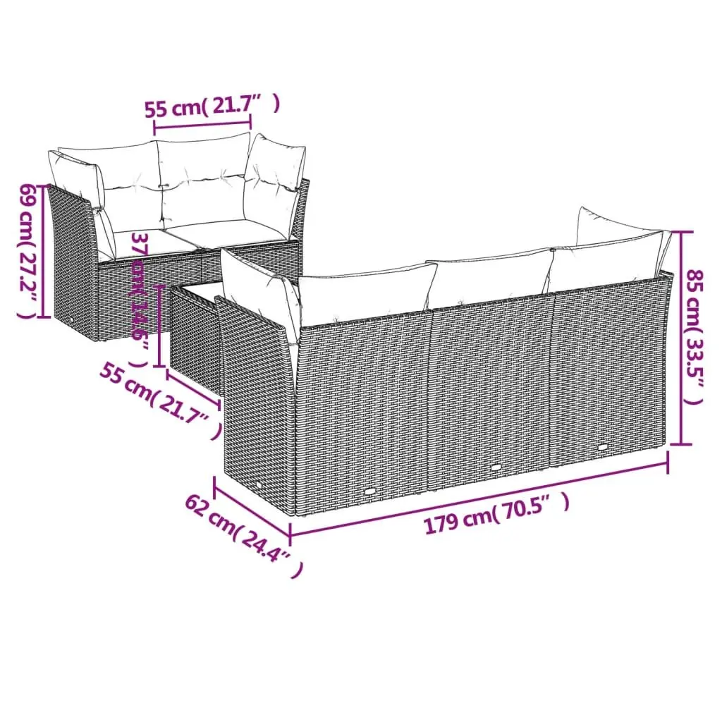 Garden Sofa Set Grey Poly Rattan 6 Piece Outdoor Furniture with Cushions