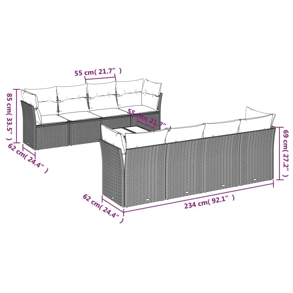 Garden Sofa Set Modular Black Poly Rattan 9 Piece Outdoor Furniture with Cushions