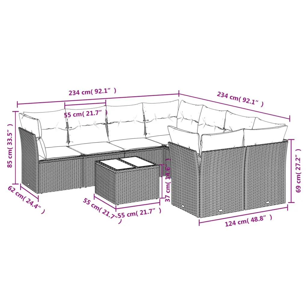 Outdoor Rattan Sectional Sofa Set 9 Piece with Cushions for Patio Garden Furniture