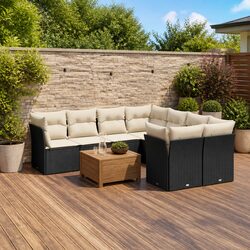 Garden Sofa Set 9 Piece Outdoor Furniture Black Poly Rattan with Cushions Patio
