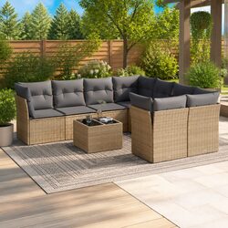 Garden Sofa Set 9 Piece Outdoor Furniture Patio Beige Poly Rattan with Cushions
