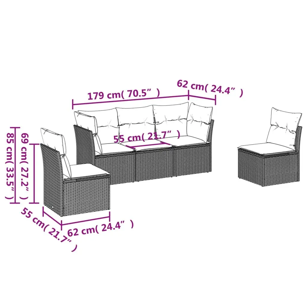 5 Piece Garden Sofa Set Outdoor Patio Furniture with Cushions Beige Poly Rattan