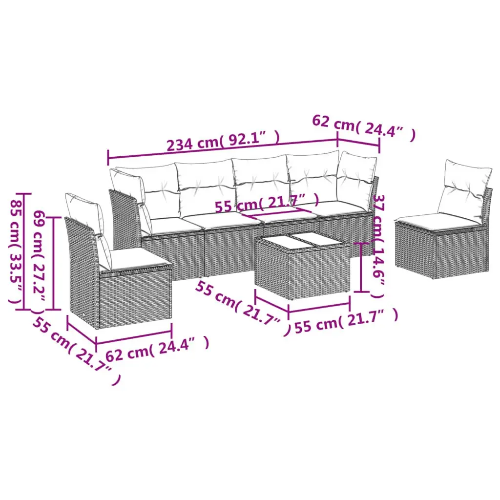 7 Piece Garden Sofa Set Outdoor Furniture Grey Poly Rattan Patio Lounge Cushions