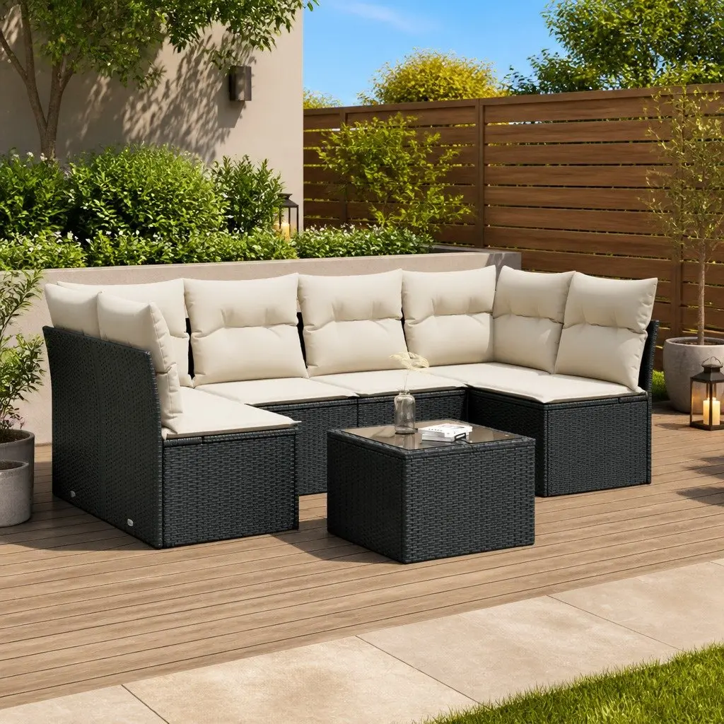 7 Piece Outdoor Garden Sofa Set Black Poly Rattan with Cushions