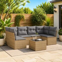 Outdoor Garden Sofa Set 7 Piece Beige Poly Rattan Patio Furniture with Cushions