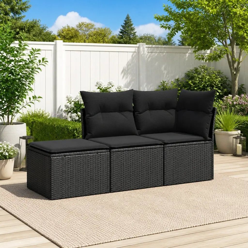Garden Sofa Set 3 Piece Outdoor Furniture Patio Lounge Rattan Black Cushions