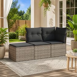 Garden Sofa Set 3 Piece Outdoor Furniture Patio Grey Cushions Modular Rattan