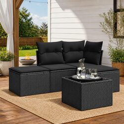 5 Piece Outdoor Garden Sofa Set Black Poly Rattan Patio Furniture with Cushions