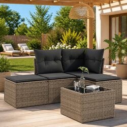 5 Piece Garden Sofa Set Grey Poly Rattan Outdoor Furniture with Cushions Glass